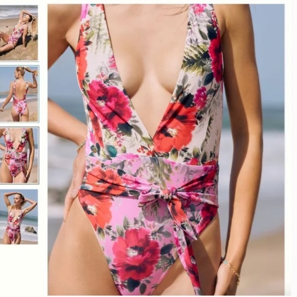 PQ Gardenia Plunge One-Piece Floral Hipster Hippie Peasant Chic Boho Swimsuit - Picture 1 of 4
